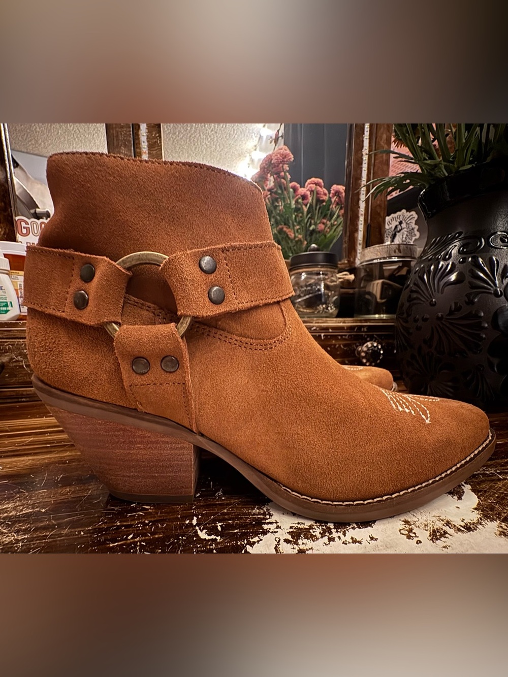 dingo Suede Harness Ankle Booties in Rustic Tan